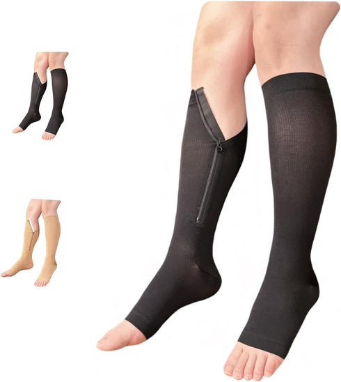 Ziperior Open Toe 15-20 mmHg Compression Grade Calf Pain Leg Inside Zipper Socks