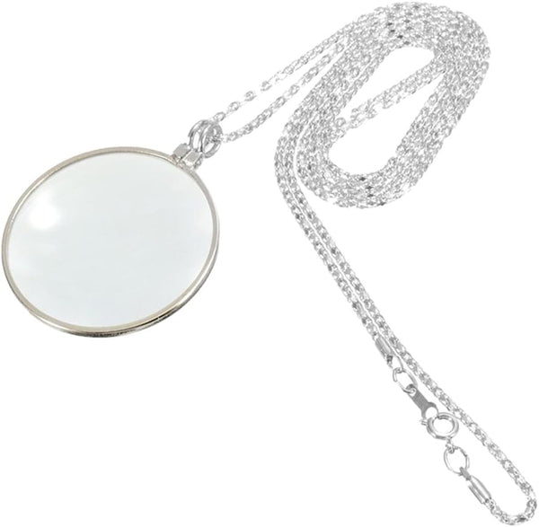 5X Magnifying Glass Pendant, 1.6" Glass Lens Dia. with 35" Alloy Necklace, Silver