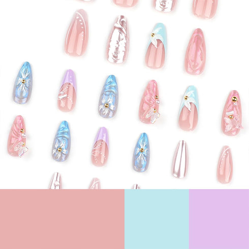 Stiletto Press on Nails, Medium Almond Fake Nails with French Tip and 3D Butterfly Flowers, 24Pcs Glossy Acrylic