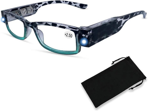 Reading Glasses with Light, Bright LED Readers for Nighttime, Compact Full Frame Eyewear, Clear Vision Unisex +250
