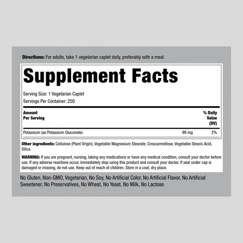 Chelated Potassium Supplement 99 mg | 250 Caplets | Potassium Gluconate | Vegetarian, Non-GMO, Gluten Free | by Piping Rock