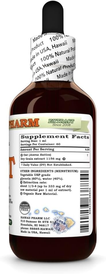 Hawaii Pharm 2 fl.oz Oat Alcohol-Free Liquid Extract, Oat (Avena Sativa) Dried Grain Glycerite Natural Herbal