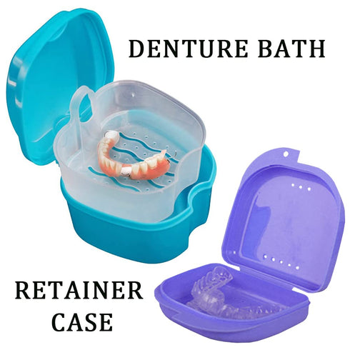 Denture Bath Case Cup with Cleaner Brush & Retainer Holder Box - Complete Clean Care for Dentures, Clear Braces, Mouth