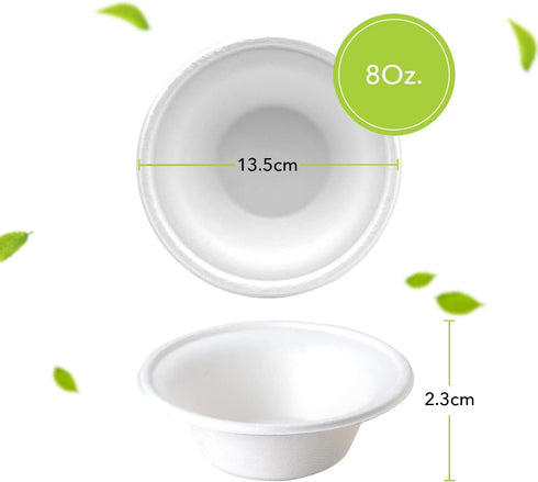 three leaf 8OZ. (240ml) BAGASSE BOWL, 50 Ct. Heavy-Duty Eco-Friendly Disposable Bowl, 100% Biodegradable