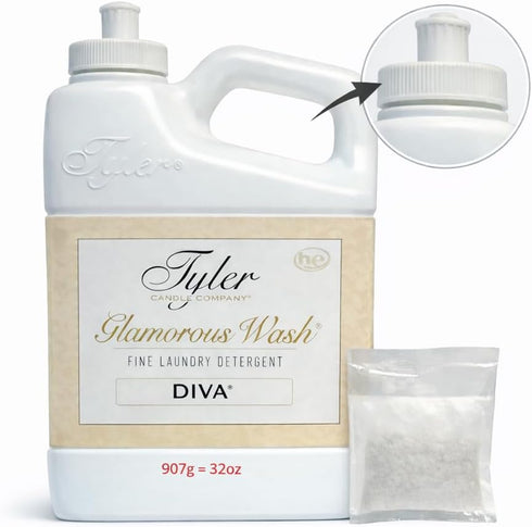 TYLER CANDLE COMPANY 32 Oz,HE Glam Wash Laundry Detergent, Diva, Liquid, Fl Safe w/Dryer Sachet Pouch, Pull and Pour