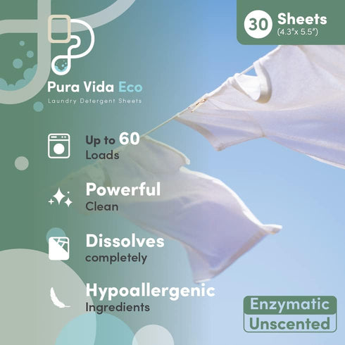 Laundry Detergent Sheets, 30 Sheets, Unscented, Ideal for Travel, Baby Clothes, Compact, Eco-Friendly Solution