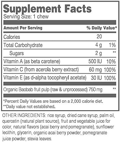 Baobab Superfruit Chews - 750mg Raw Baobab Powder Organic. Immune Superfood Supplement, 100% Antioxidants for Cold Season Vitamin C. Acai Berry Powder Pomegranate Supplement, Non GMO, 30 Chews