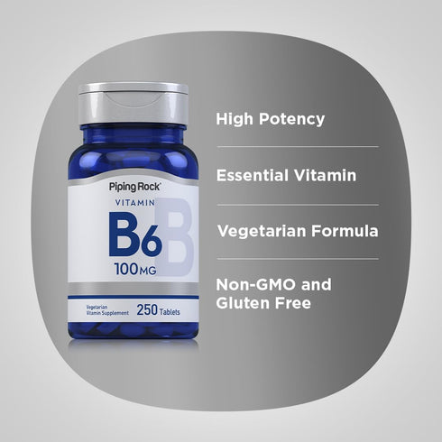 Piping Rock Vitamin B6 100mg Supplement, 250 Tablets, as Pyridoxine Hydrochloride, Non-GMO & Vegetarian Formula