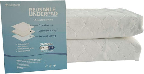 Pack 2 34"X60" 21" Careboree of Cotton Top-Layer Reusable Tuckable Underpads Incontinence Bed Pads Queen Washable Wings