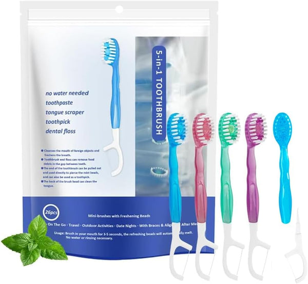 JOUGE 26 Pack Mini Disposable Toothbrushes with Toothpaste 5 in 1 Travel Portable