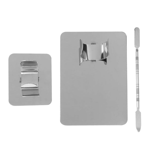 Stainless Steel Cosmetic Mixing Makeup Palette with Spatula, Rings Holder, 3pcs Set for Makeup Art Tool