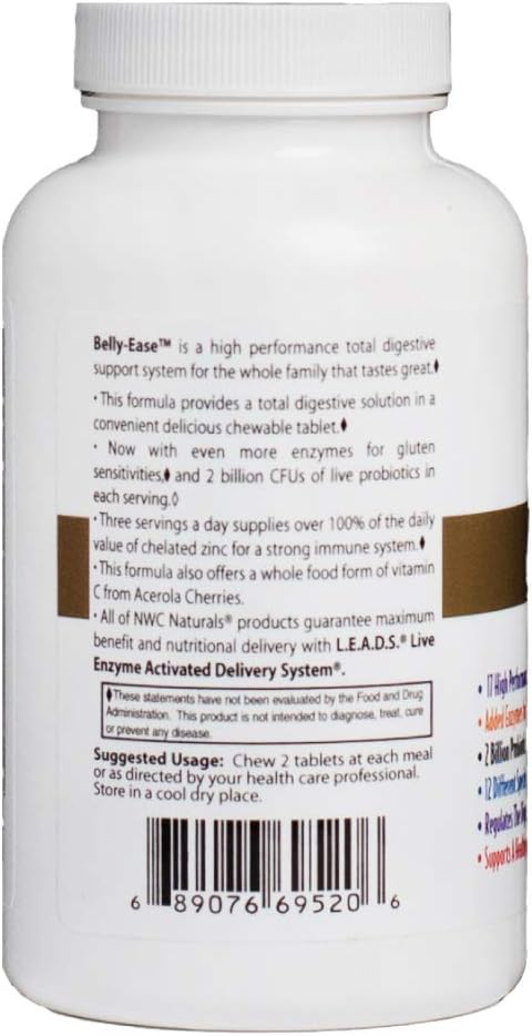 Belly-Ease Healthy Digestive Enzymes Plus Prebiotics & Probiotics, 180 Count Chewable Tablets