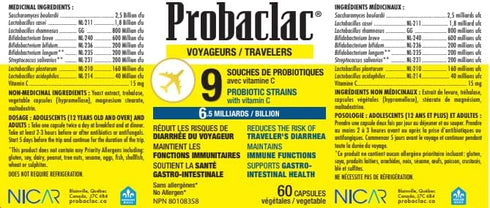 Travelers Probiotics reduce The risk of traveler's diarrhea, Maintain immune functions and help support gastrointestinal health. Contains 6.5 billion active cells (9 strains)(60)