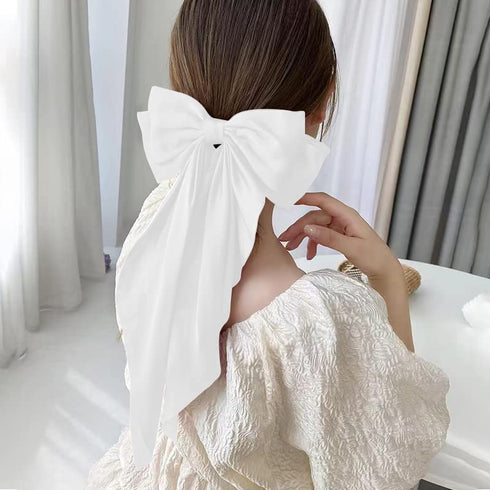 Large Hair Bow Clips for Women Girls, Silky Satin Hair Barrettes with Long Ribbon Tail, White Hair Bows Slides