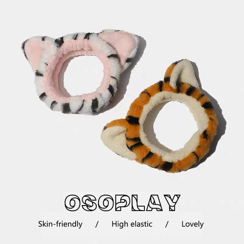 2 PCS Women Animal Ear Tiger Print Fuzzy Hairband, Elastic Stretch Head Wrap for Skincare Spa