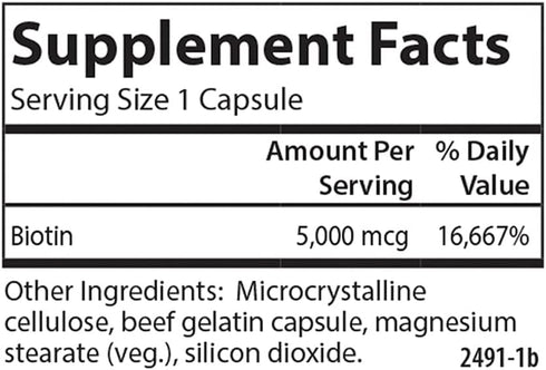 Carlson Biotin 5000 mcg - 50 Capsules for Healthy Hair, Strong Nails & Energy Production.