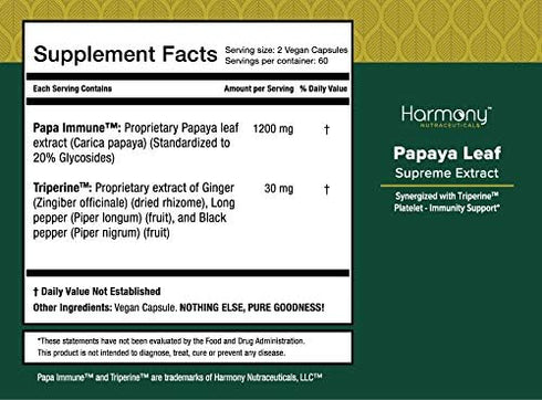 Harmony Nutraceuticals Papaya Leaf Supreme Extract, Organic Dr. Gumman's Clinical Grade 120 Vegan Capsules