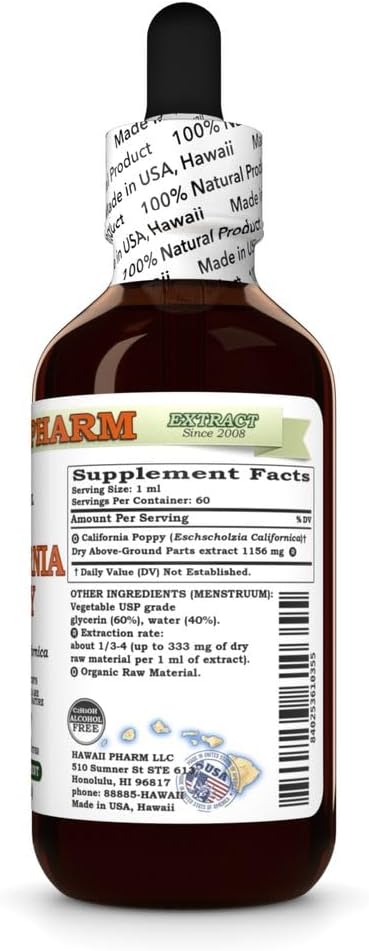 HawaiiPharm California Poppy Alcohol-Free Liquid Extract, Nervous System Calming Support, Glycerite 2 fl.oz