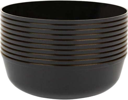 Blue Sky Edge Black Bowls with Gold Rim - 16 oz (10 Count) Disposable Round Plastic for Parties, Events & Occasions