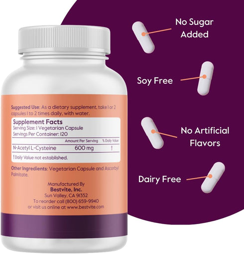 BESTVITE N-Acetyl Cysteine 600mg (NAC) (120 Vegetarian Capsules) - No Stearates - Vegan - No Fillers - No Silica - No Gelatin - Gluten Free - Non GMO
