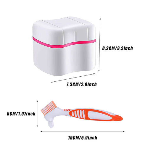 Denture Cleaner Box and Brush Set, 2 Pack with Basket + 2 Pack Denture Brush, Portable Storage Box for Oral Care (Blue