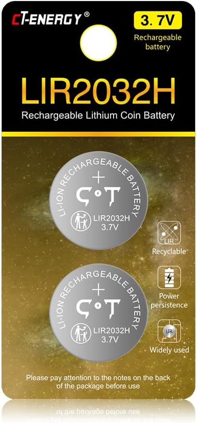 2 Pack 3.7V Lir2032H Rechargeable Coin Batteries for Key Fob, High Capacity 70mAh Lithium 2032 Button Cells