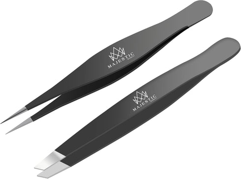 Majestic Bombay Fine Point + Slant Tweezers – Sharp Surgical Tweezers for Facial, Brow, Ingrown Hair Removal