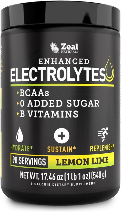 Enhanced Electrolyte Powder (Lemon Lime | 90ct.) with 0 Sugar, BCAAs, B-Vitamins, Potassium, Zinc & Magnesium for