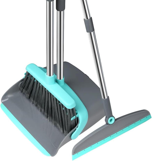 Upgrade Broom and Dustpan Set, Silicone Broom with Long Handle and Upright Standing Dustpan, Squeegee for Indoor