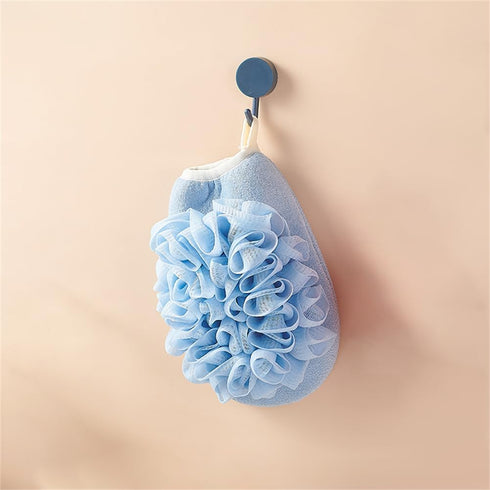 Exfoliating Mesh Pouf Sponge Bath Shower Pouf 2 in 1 with Elastic Hand Strap for Women Men Kid (Blue)