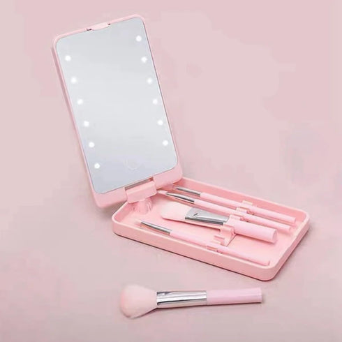 Portable Makeup Mirror with 5 Makeup Brushes, Travel Case Storage Box LED Rechargeable Makeup Mirror (White)