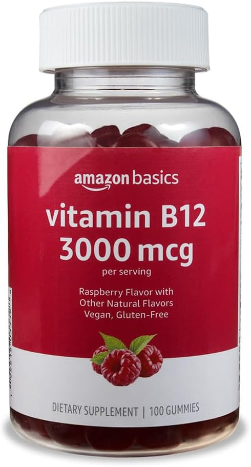 Amazon Basics Vitamin B12 3000 mcg Gummies, 200 Count (2 Packs of 100), Raspberry, Normal Energy Production and