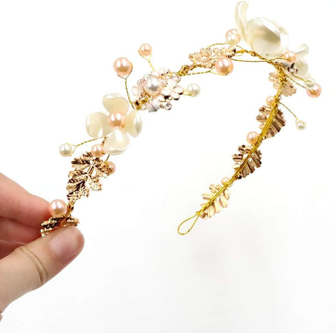 NODG Gold Tiaras for Women, Pearl Bride Crowns Wedding Headpiece, Gold Flower Bridal Hair Piece