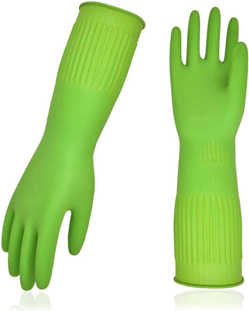 Vgo... 1-Pair Reusable Dishwashing Gloves, Long Sleeve, Thick Latex for Kitchen, Cleaning, Gardening, Size M, Green