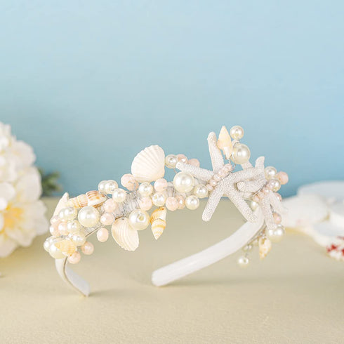 Unicra Silver Starfish Headband, Silver Pearl Bridal Hair Band for Beach Wedding Accessories