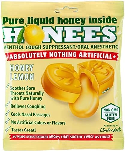Honees Filled Honey Lemon Cough Drops, Natural Sore Throat Lozenges, Non-GMO, Gluten Free (2 Pack – 40 Drops)
