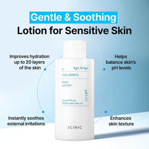 SCINIC The Simple Daily Lotion, Vegan Face Lotion for Sensitive Skin, pH-Balanced Moisture Lotion with Madecassoside.