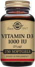 Solgar Vitamin D3 (Cholecalciferol) 25 MCG (1000 IU) - 250 Softgels for Bone Health & Immune Support.