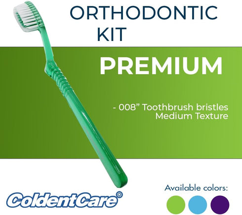 Orthodontic Oral Care Kit for Braces, Includes Toothbrush, Dental Floss, Wax, and Travel Case (Green)