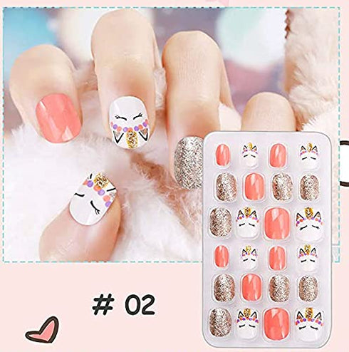 Rain Bingo 72 Pieces False Nails for Kids, Unicorn Short Fake Artificial Full Cover Nail Art Kits with Glue Tabs