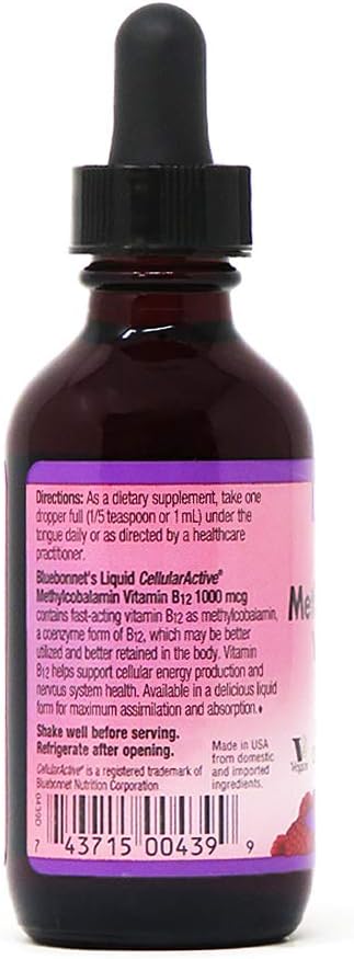 Bluebonnet Nutrition Liquid Cellular Active Methycobalamin Vitamin B12, 1000 mcg - Vegan, 2OZ, 59 Servings for Energy