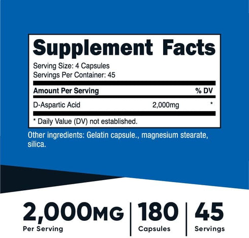 Nutricost D-Aspartic Acid (DAA) Capsules, 2000mg Per Serving, 180 Capsules - Non-GMO Supplement