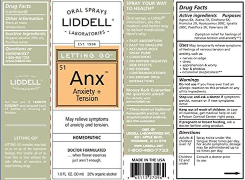 Liddell Letting Go - Homeopathic Oral Spray for Anxiousness, Stress, Restlessness - Natural Calm, 1.0 fl. Oz.