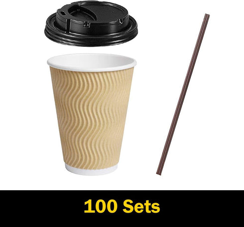 SPRINGPACK 100 pack 12 oz Disposable Paper Coffee Cups with Lids, Ripple Wall Insulated To Go Coffee Cups for Hot/Cold