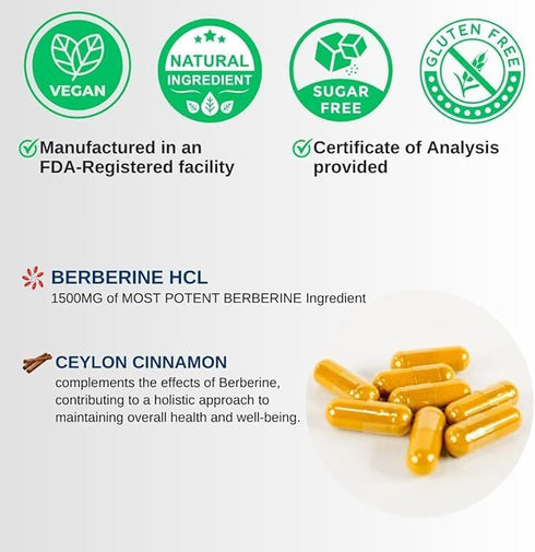 Berberine 1500mg with Ceylon Cinnamon, USA MADE & TESTED, 90 capsules