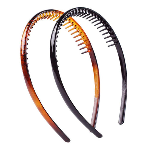 Set of 2 Fashion Plastic Headbands with Teeth Comb Hair Hoop Accessory for Women and Girls (Black + Brown)