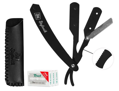Professional Straight Edge Barber Razor, 60 PCS Single/30 PCS Double Sided Blades for Men & Women with Leather Case