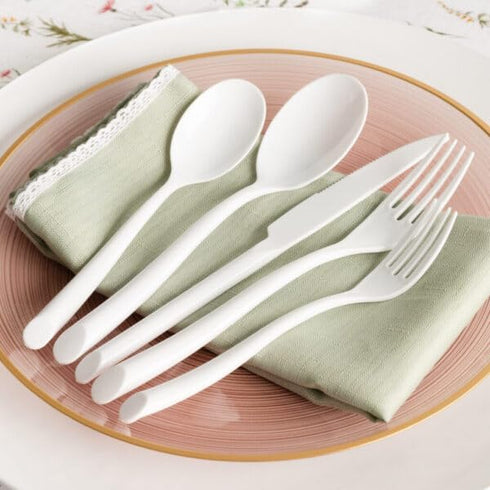 Set 5-in-1 (80) Disposable White Plastic Flatware - Elegant, Durable, and Lightweight Cutlery for Parties, Weddings
