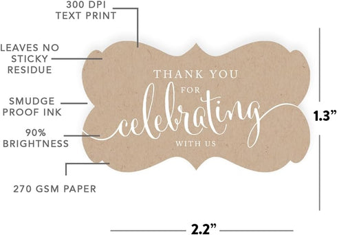 Andaz Press Fancy Frame Rectangular Label Stickers, Thank You for Celebrating with Us, Kraft Print, 36-Pack Wedding