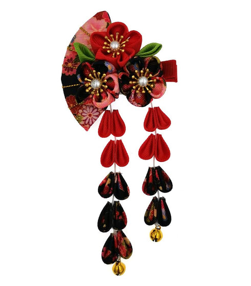 Japanese Style Women Flower Hair Clip Tassel Hair Ornament, Kimono Decor Fabric Hanfu Hairpin Accessories For Christmas Party Costume Gift (Black)